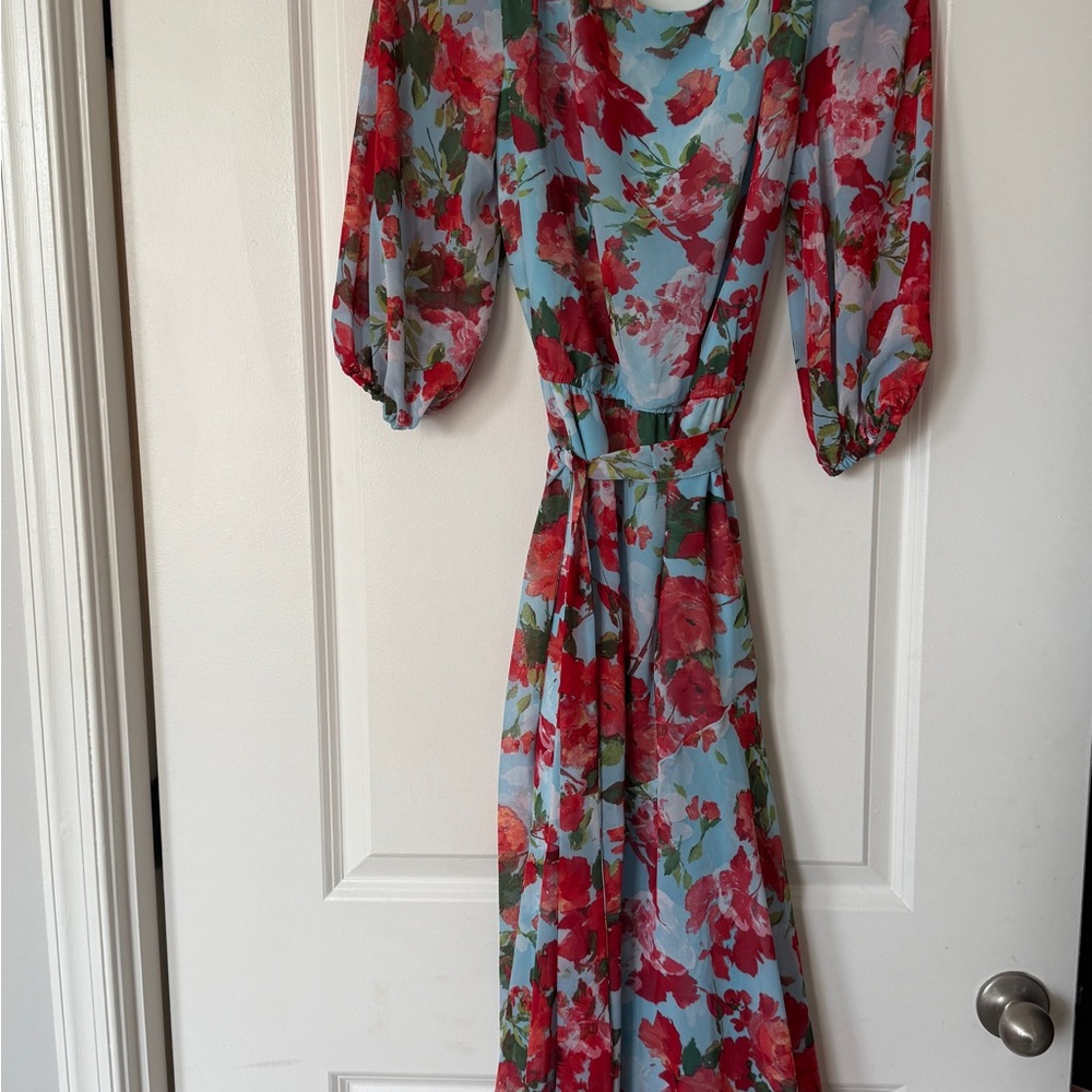 Donna Ricco Red and Blue Wrap Sundress with Bishop Sleeves